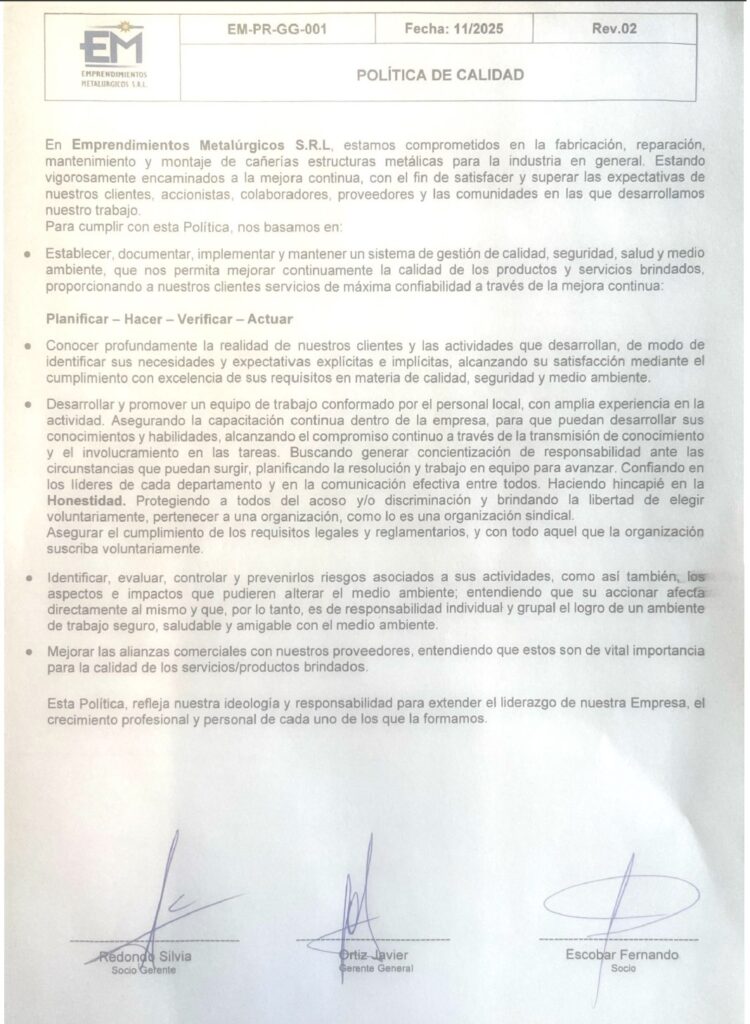 politica de calidad emprendimientos metalurgicos srl 
